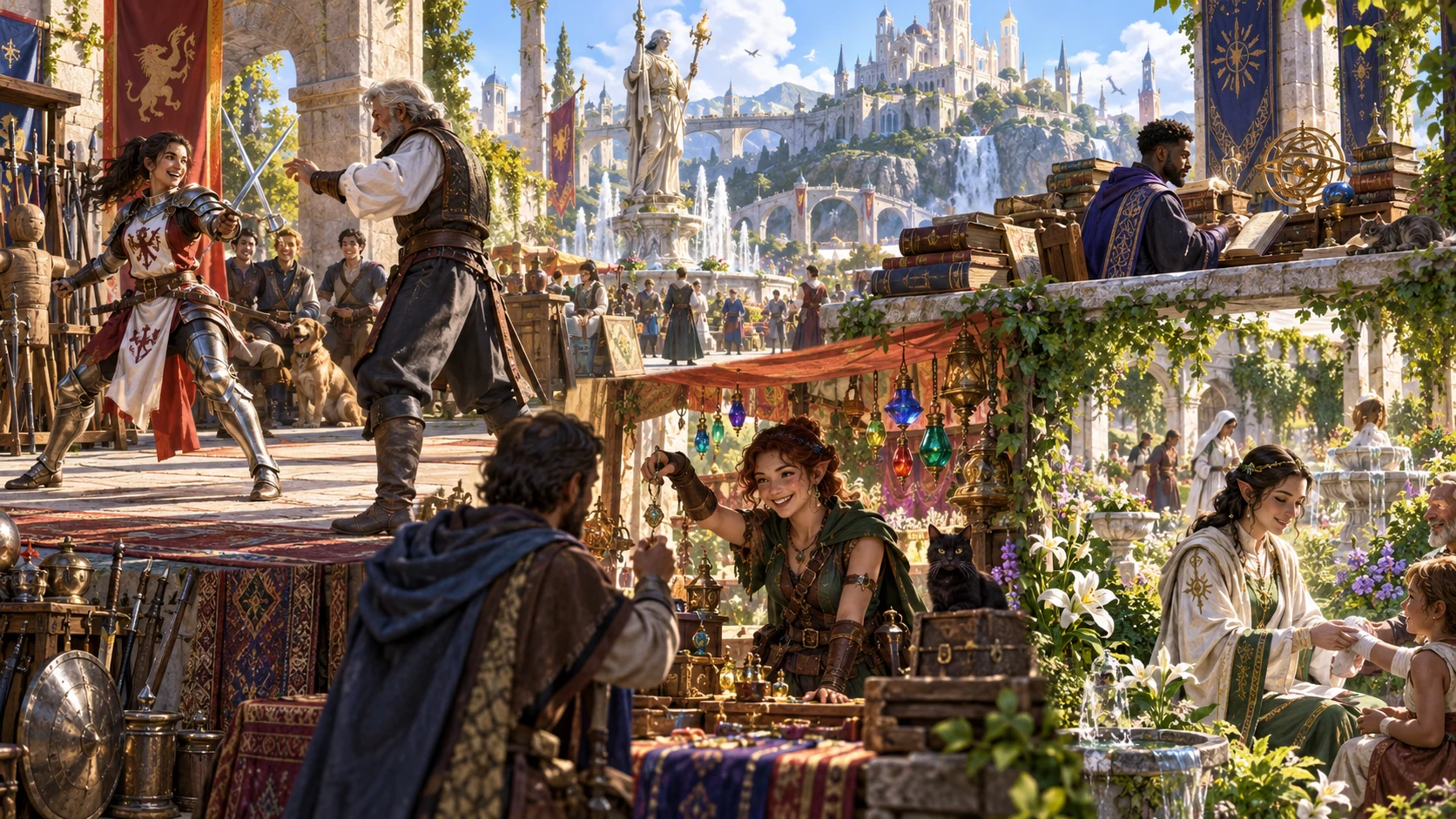 Fantasy illustration of adventurers training, studying, trading and resting in a sunlit city