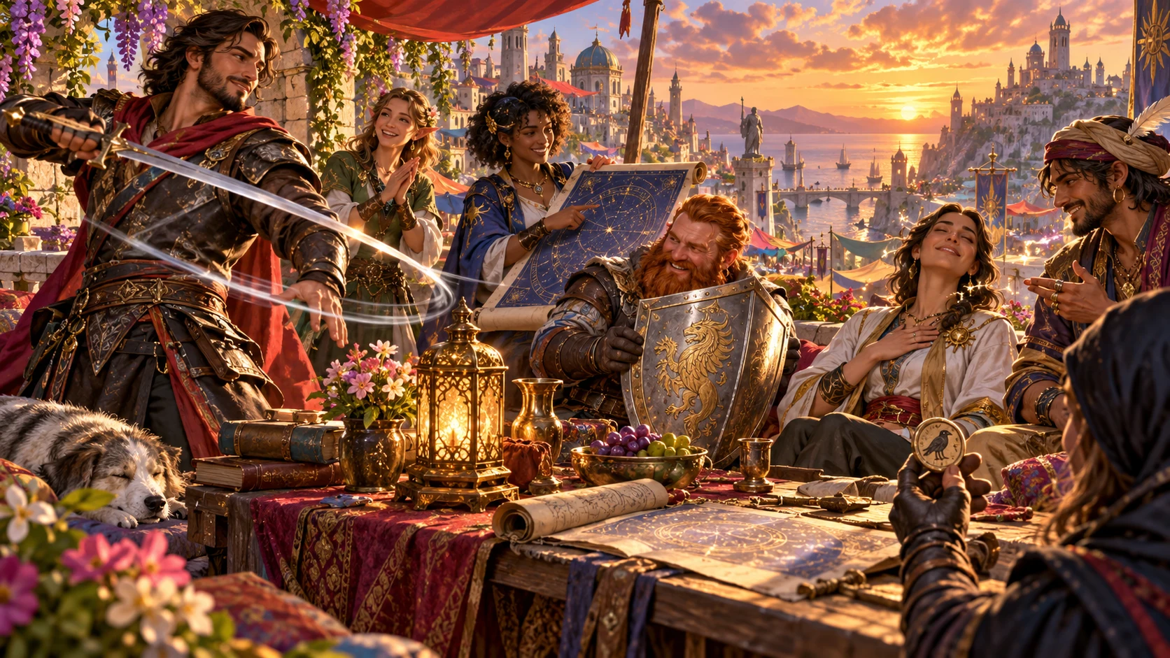 Fantasy illustration of adventurers reunited on a rooftop after their separate downtime activities