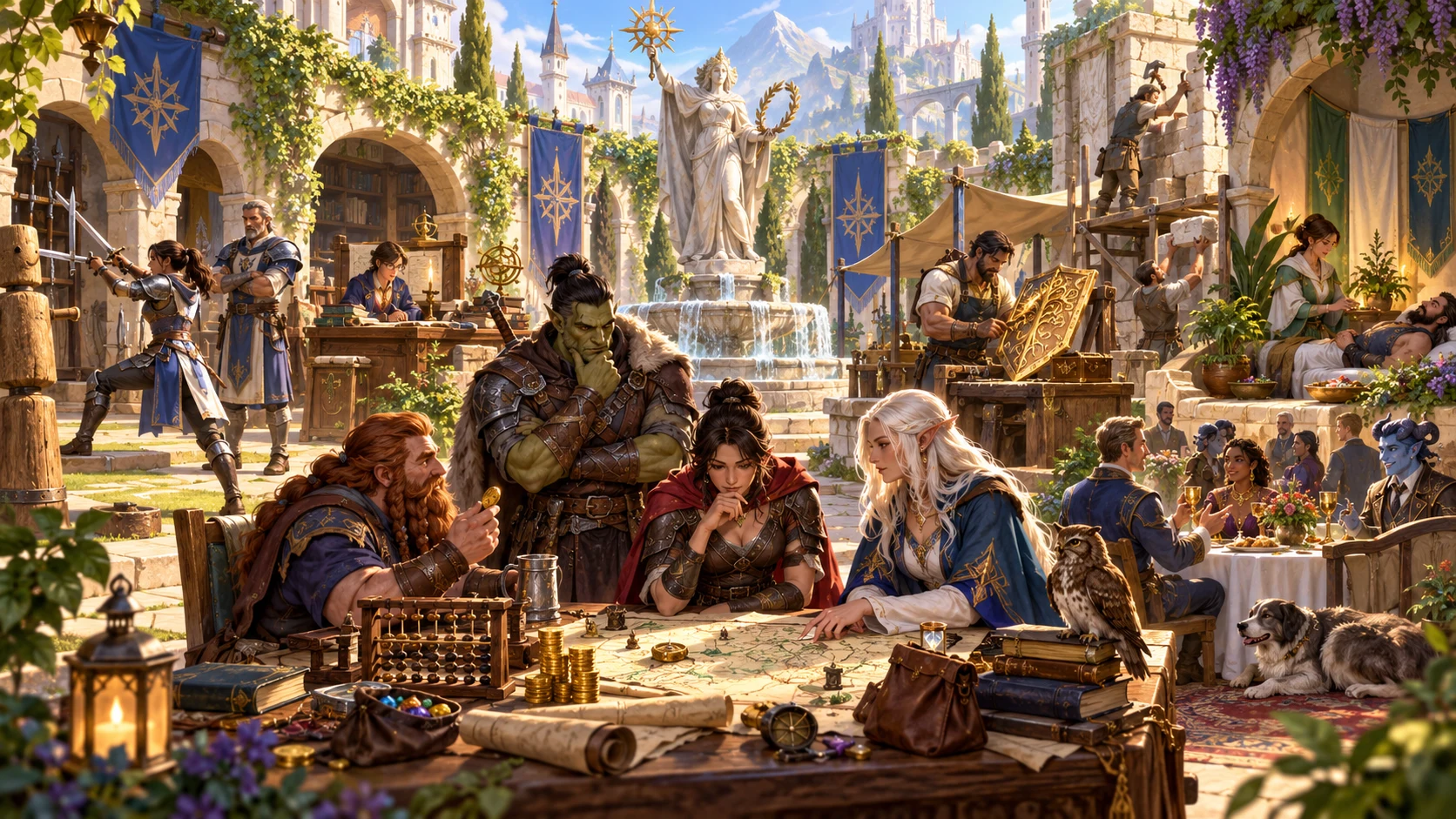 Fantasy illustration of adventurers considering downtime opportunities with training, research and work around them